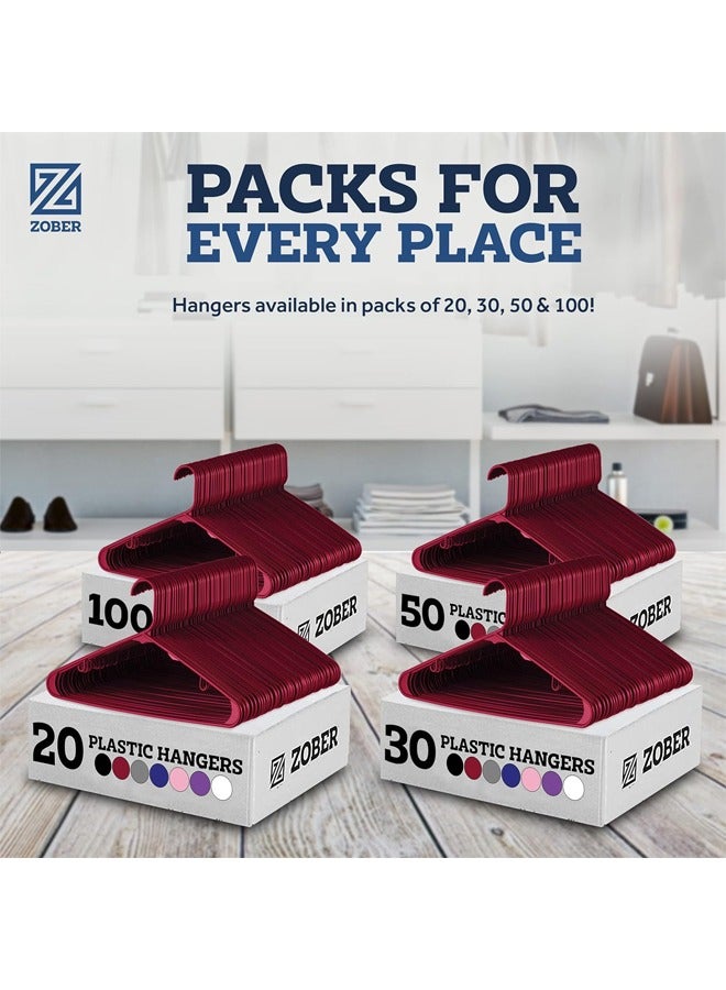 Zober Plastic Hangers 100 Pack - Burgundy Plastic Hangers - Space Saving Clothes Hangers for Shirts, Pants & for Everyday Use - Clothing Hangers with Hooks