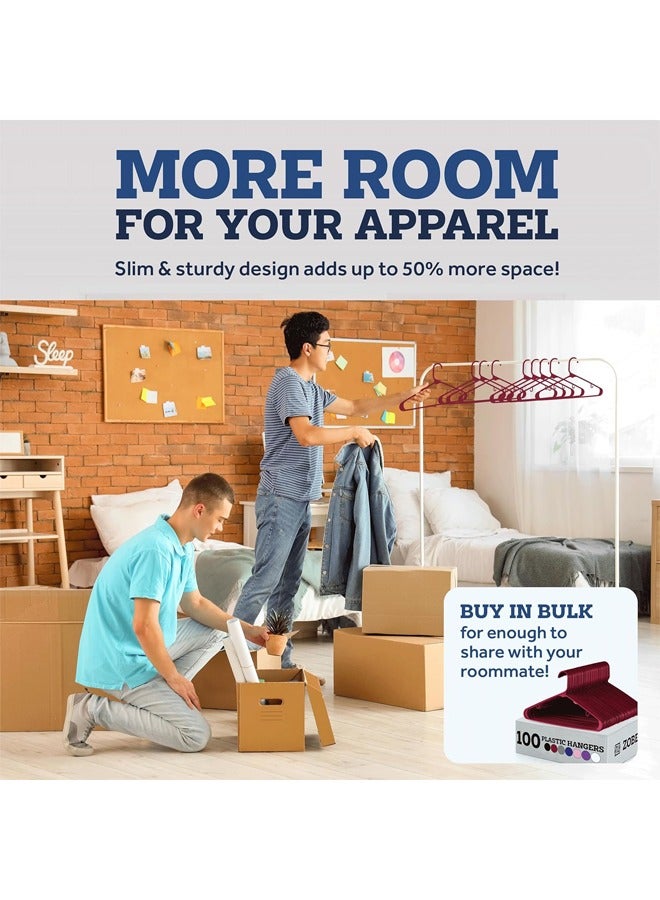 Zober Plastic Hangers 100 Pack - Burgundy Plastic Hangers - Space Saving Clothes Hangers for Shirts, Pants & for Everyday Use - Clothing Hangers with Hooks