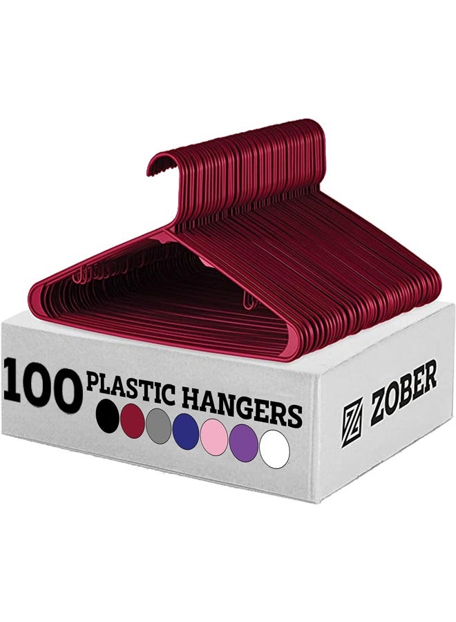 Zober Plastic Hangers 100 Pack - Burgundy Plastic Hangers - Space Saving Clothes Hangers for Shirts, Pants & for Everyday Use - Clothing Hangers with Hooks