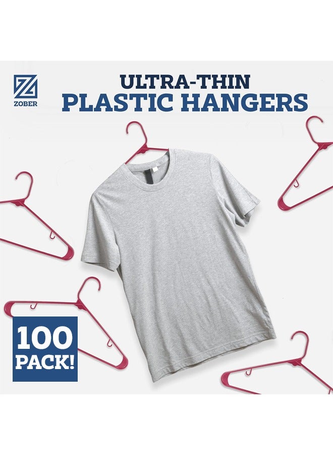 Zober Plastic Hangers 100 Pack - Burgundy Plastic Hangers - Space Saving Clothes Hangers for Shirts, Pants & for Everyday Use - Clothing Hangers with Hooks