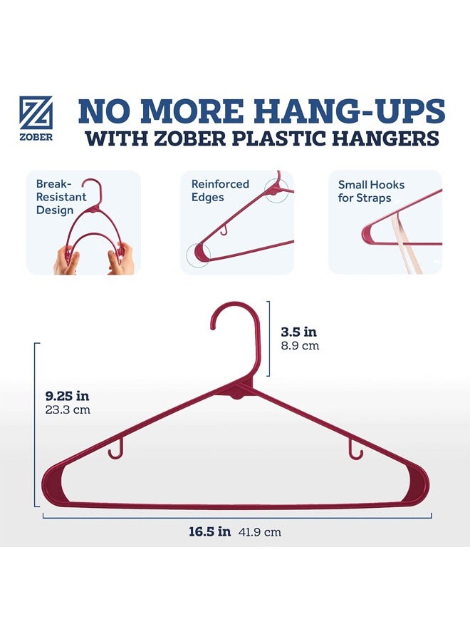 Zober Plastic Hangers 100 Pack - Burgundy Plastic Hangers - Space Saving Clothes Hangers for Shirts, Pants & for Everyday Use - Clothing Hangers with Hooks