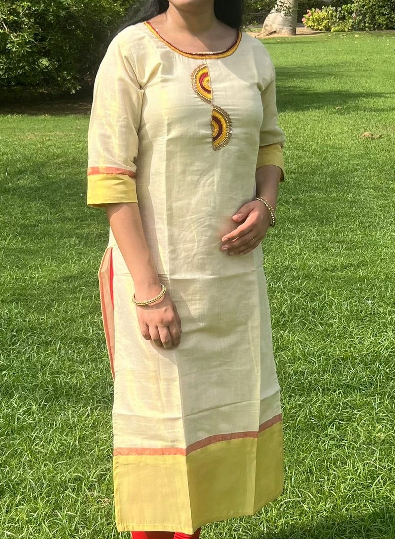 IndHeritage's premium kurti - Tissue silk onam kurti with Kasavu - Indian Kurti IDH00172