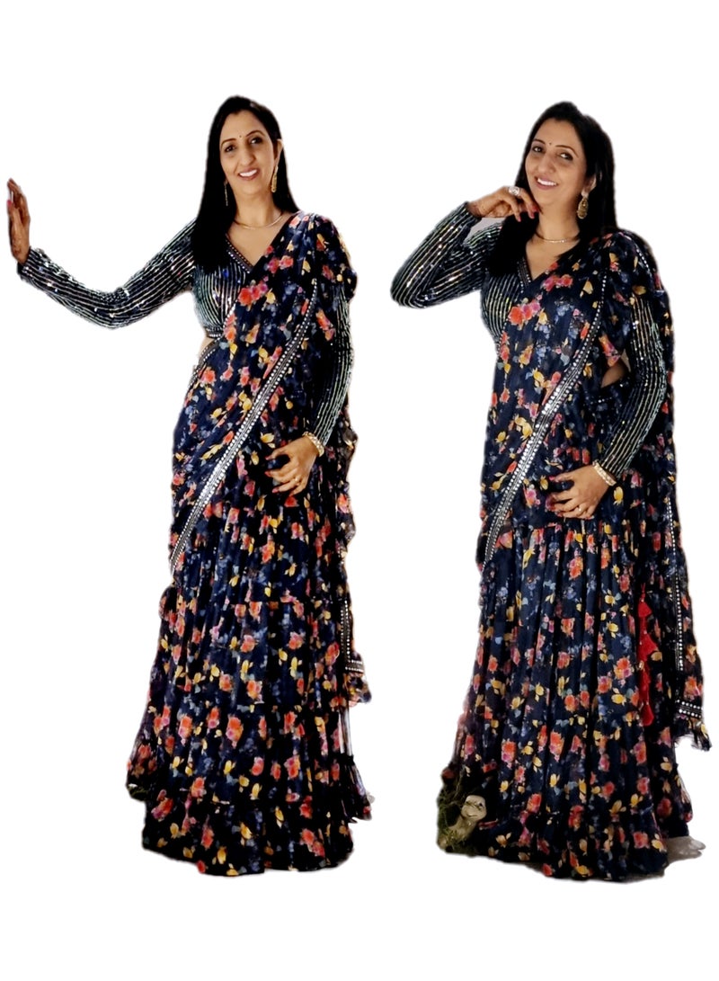 Trendy Ready To Wear Chiffon Braso Floral Print Tri Layer Ruffle Lehenga With Ruffle Dupatta having Lace Plus Full stitched Large Size Padded Blue sequence Blouse