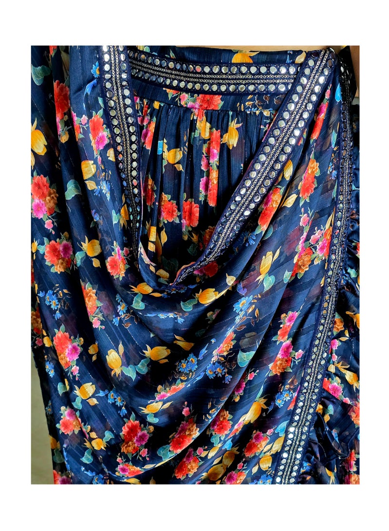 Trendy Ready To Wear Chiffon Braso Floral Print Tri Layer Ruffle Lehenga With Ruffle Dupatta having Lace Plus Full stitched Large Size Padded Blue sequence Blouse