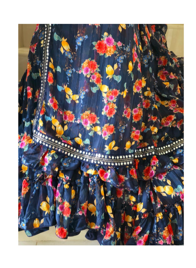 Trendy Ready To Wear Chiffon Braso Floral Print Tri Layer Ruffle Lehenga With Ruffle Dupatta having Lace Plus Full stitched Large Size Padded Blue sequence Blouse