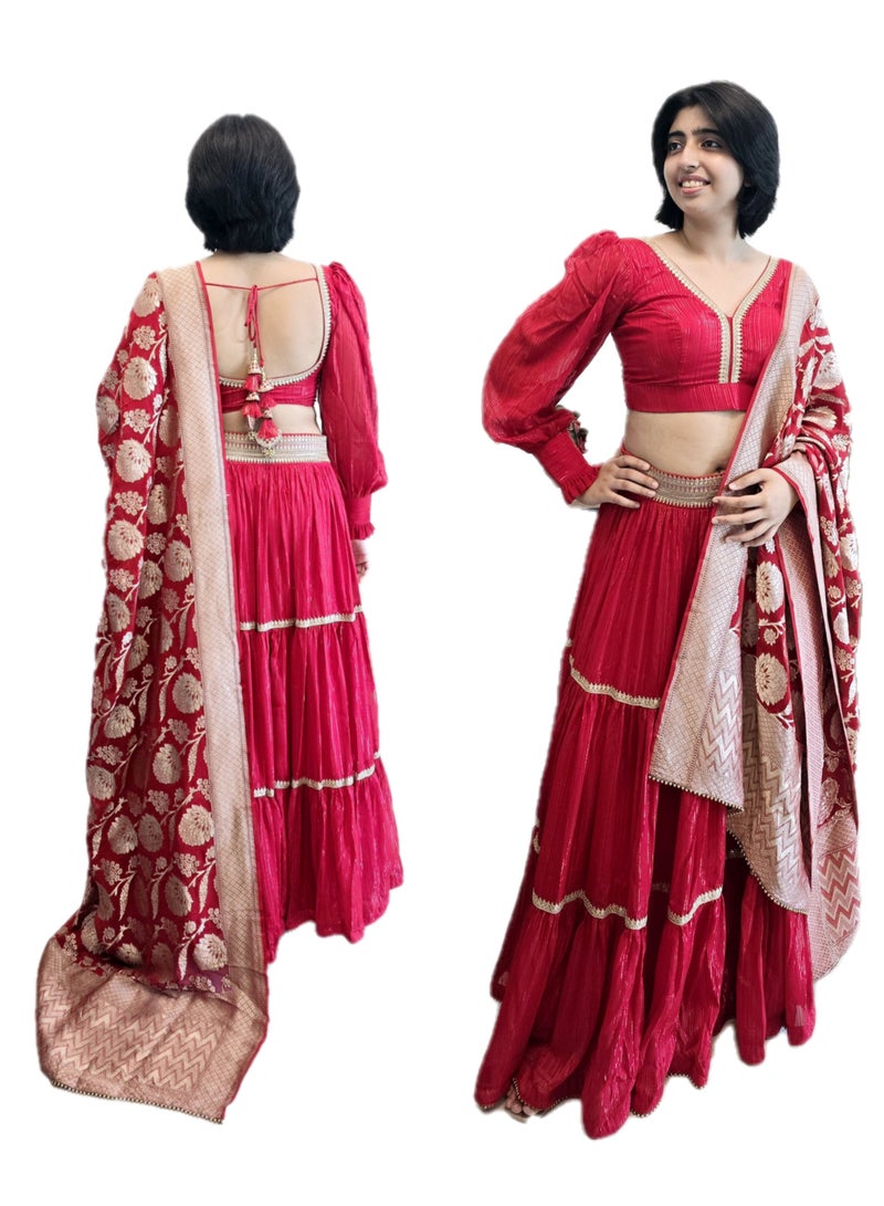 Red Ready To wear Lehenga with Golden Lace Border And  Pure Banarsi dupatta Plus  Full Stitched  large Size Padded Blouse