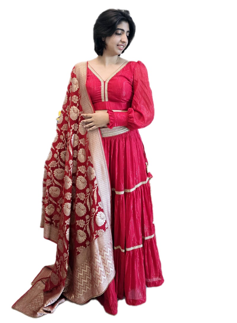 Red Ready To wear Lehenga with Golden Lace Border And  Pure Banarsi dupatta Plus  Full Stitched  large Size Padded Blouse