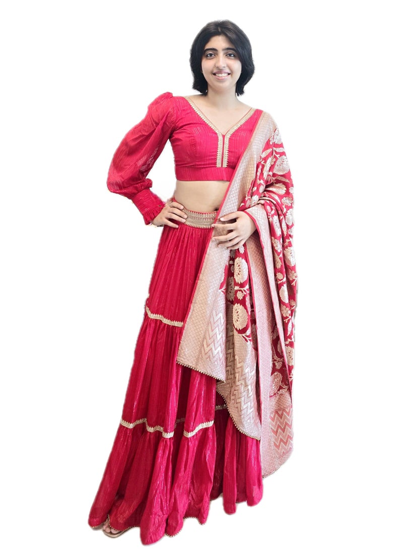 Red Ready To wear Lehenga with Golden Lace Border And  Pure Banarsi dupatta Plus  Full Stitched  large Size Padded Blouse