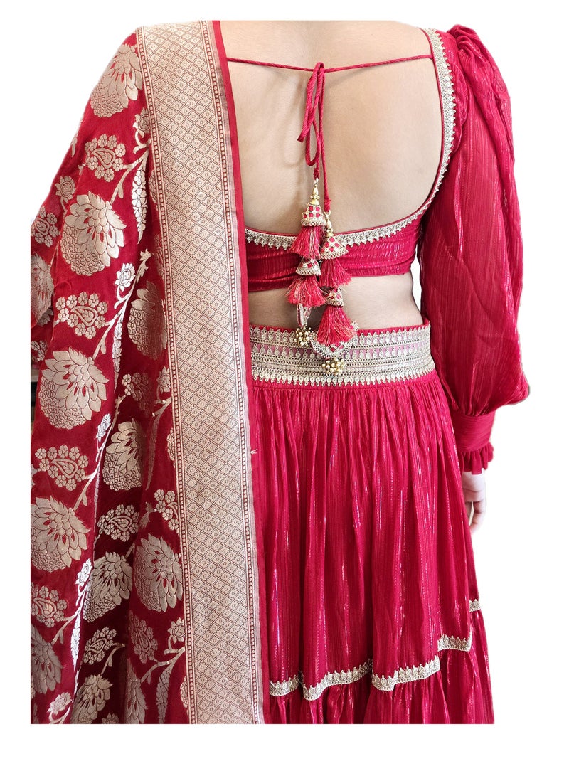 Red Ready To wear Lehenga with Golden Lace Border And  Pure Banarsi dupatta Plus  Full Stitched  large Size Padded Blouse