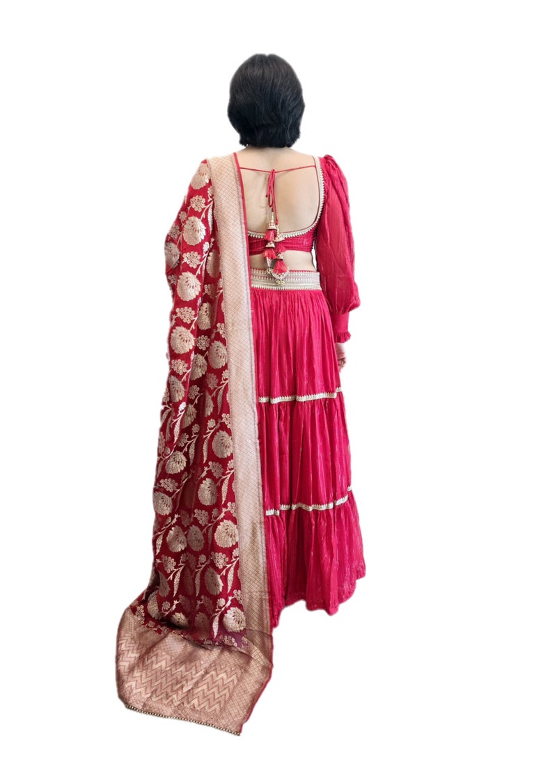 Red Ready To wear Lehenga with Golden Lace Border And  Pure Banarsi dupatta Plus  Full Stitched  large Size Padded Blouse