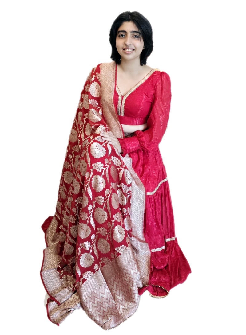 Red Ready To wear Lehenga with Golden Lace Border And  Pure Banarsi dupatta Plus  Full Stitched  large Size Padded Blouse