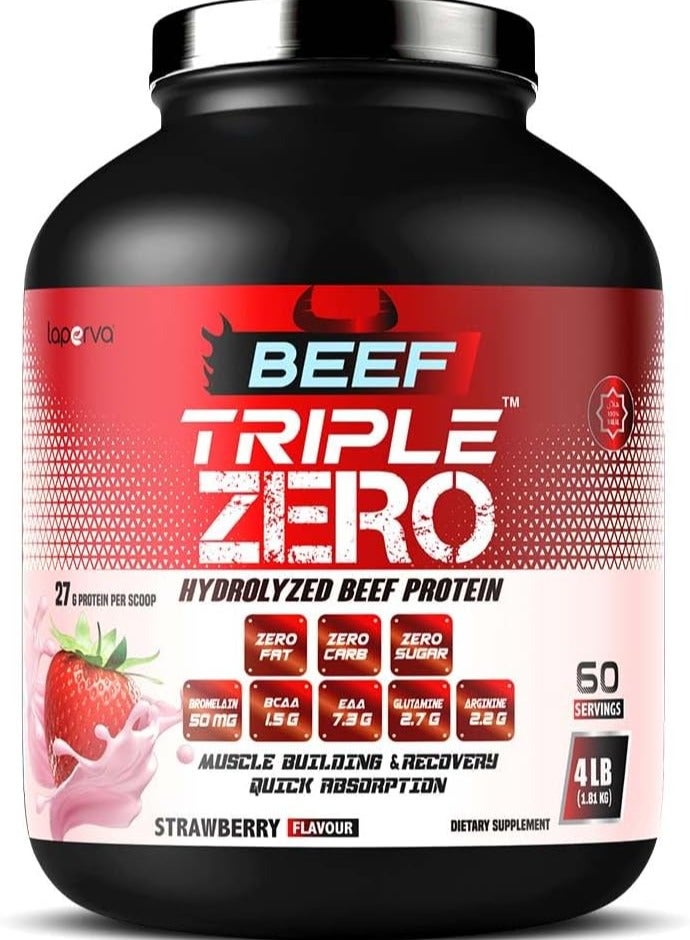 Laperva - Beef Triple Zero Hydrolyzed Protein Powder, 86% Protein, With BCAA & Glutamine, Muscle Growth & Digestive Support, 4 LB, Strawberry