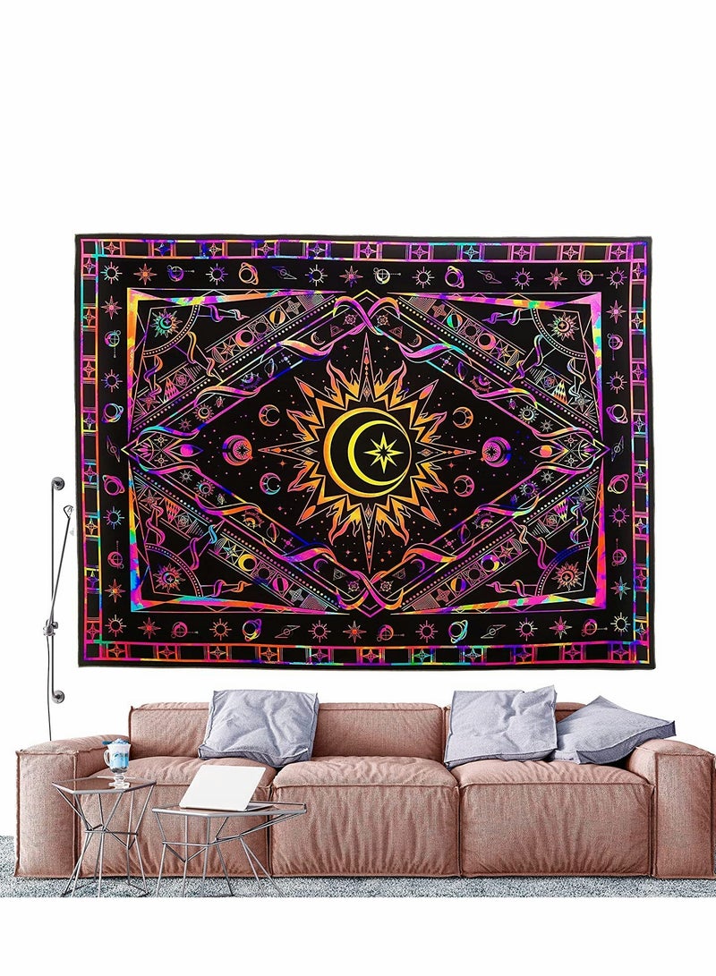 Tapestries for Bedroom Aesthetic Room Decor, UV Reactive Black Light Posters, Colorful Backdrop Glow in the Dark Hippie Boho Tapestry, Burning Sun Trippy Tapestry