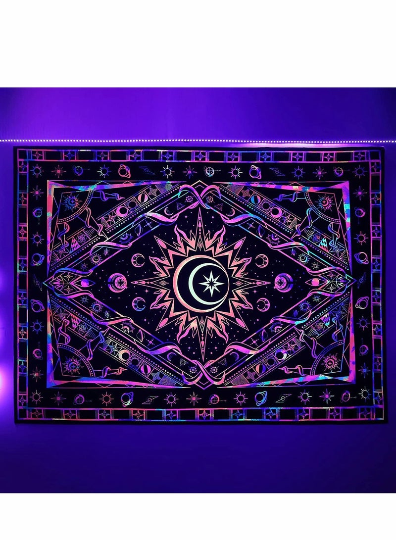 Tapestries for Bedroom Aesthetic Room Decor, UV Reactive Black Light Posters, Colorful Backdrop Glow in the Dark Hippie Boho Tapestry, Burning Sun Trippy Tapestry