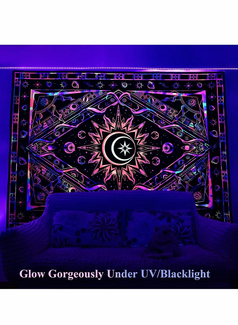 Tapestries for Bedroom Aesthetic Room Decor, UV Reactive Black Light Posters, Colorful Backdrop Glow in the Dark Hippie Boho Tapestry, Burning Sun Trippy Tapestry