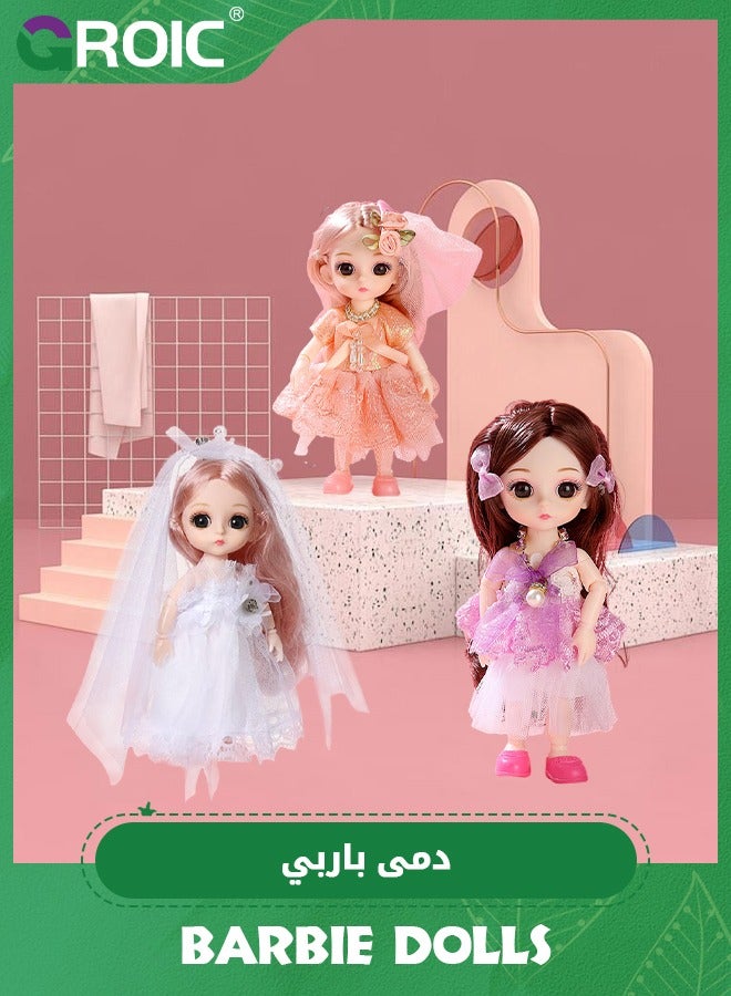 3 Pcs Dolls Set,17cm Princess Girl Mini Dolls,Princess Dolls for Girls,Princess Figures with Tiaras, Hair, Shoes,Princess Toys Dolls for Doll House