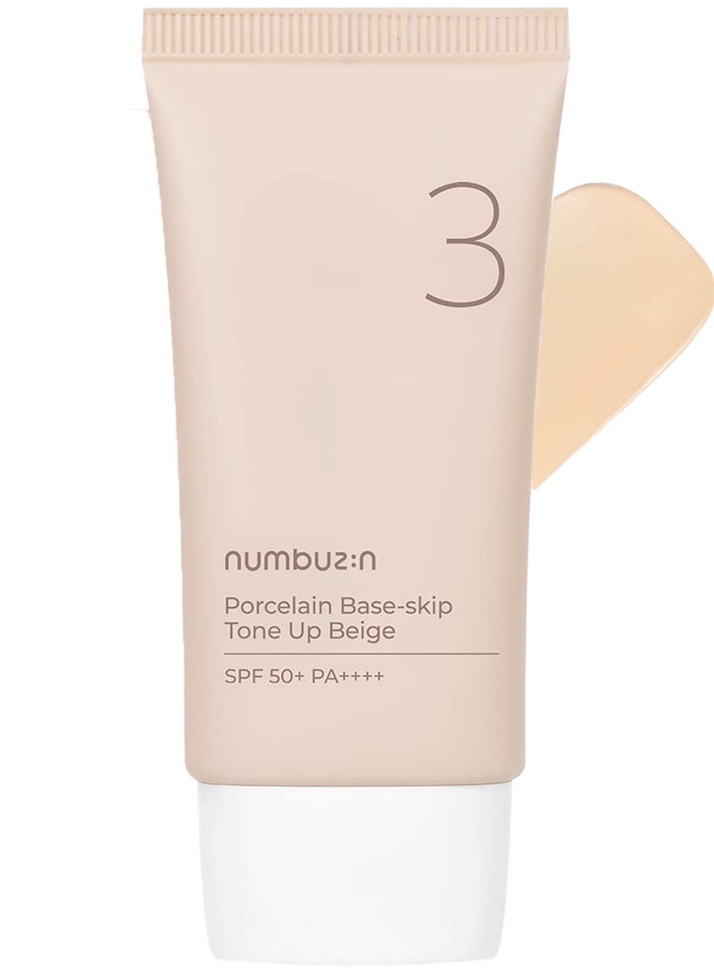 Numbuzin No.3 Porcelain Base-Skip Tone Up Beige - Powdery Finish with Light, Natural Coverage in Beige Tint for a Flawless Complexion | Korean Skincare, 50ml