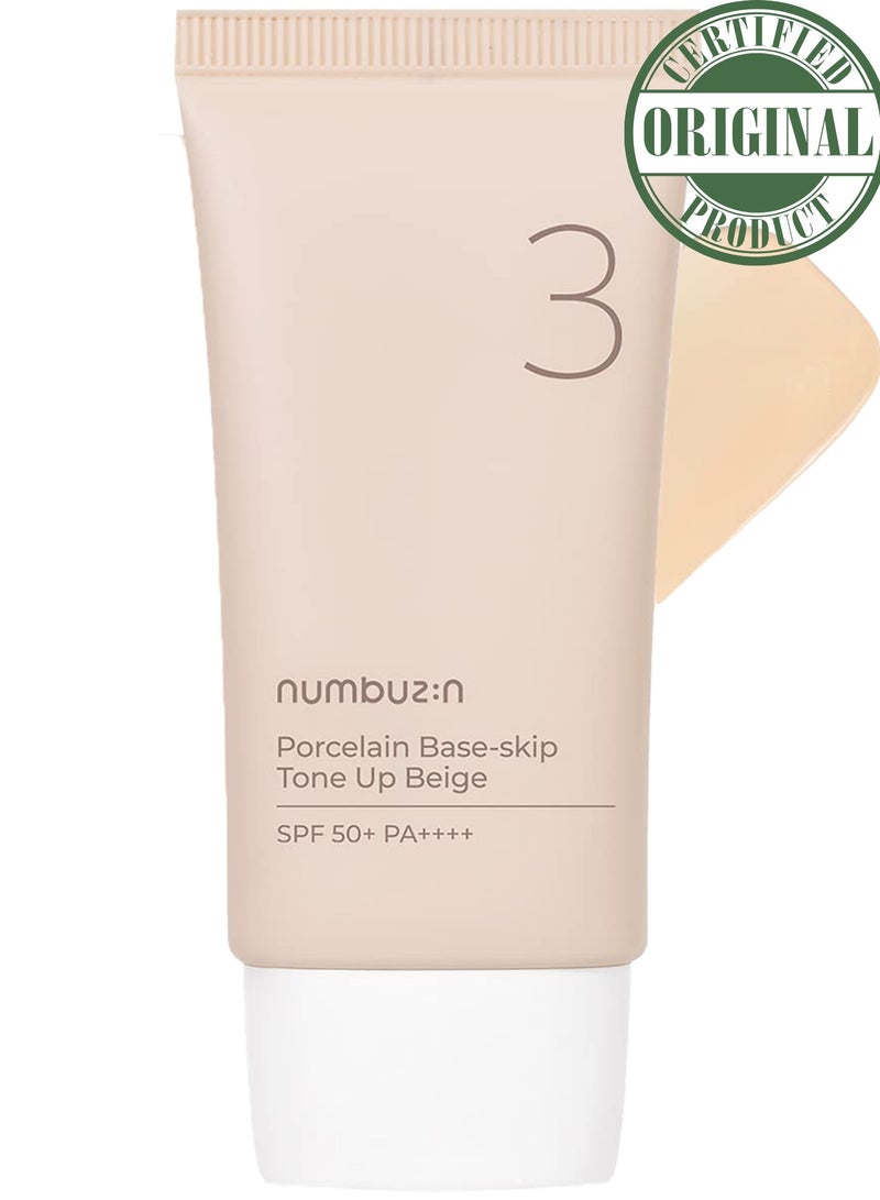 Numbuzin No.3 Porcelain Base-Skip Tone Up Beige - Powdery Finish with Light, Natural Coverage in Beige Tint for a Flawless Complexion | Korean Skincare, 50ml