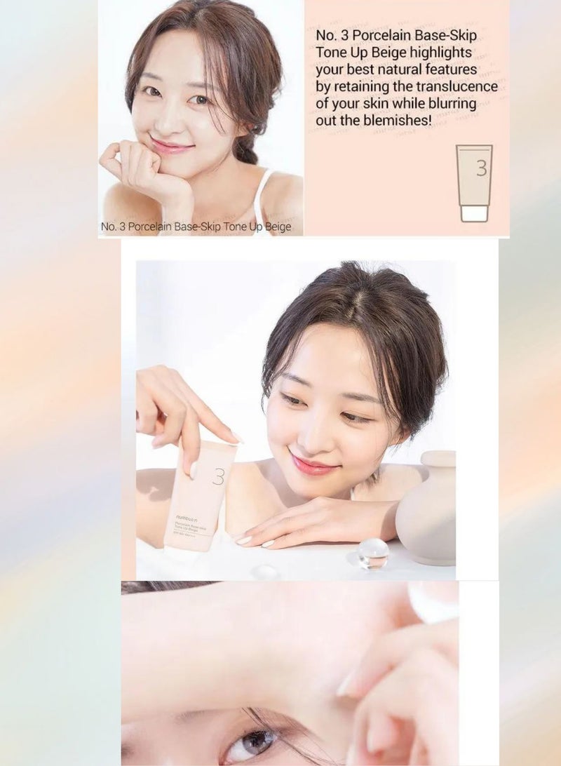 Numbuzin No.3 Porcelain Base-Skip Tone Up Beige - Powdery Finish with Light, Natural Coverage in Beige Tint for a Flawless Complexion | Korean Skincare, 50ml