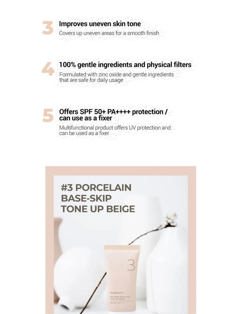 Numbuzin No.3 Porcelain Base-Skip Tone Up Beige - Powdery Finish with Light, Natural Coverage in Beige Tint for a Flawless Complexion | Korean Skincare, 50ml