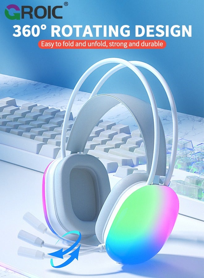 White Wired Gaming Headset, 6.8 foot Long Cable USB Headphones with Full RGB Earmuffs LED Headband, Game Sound Tech Headphones for PC MOBA FPS Games