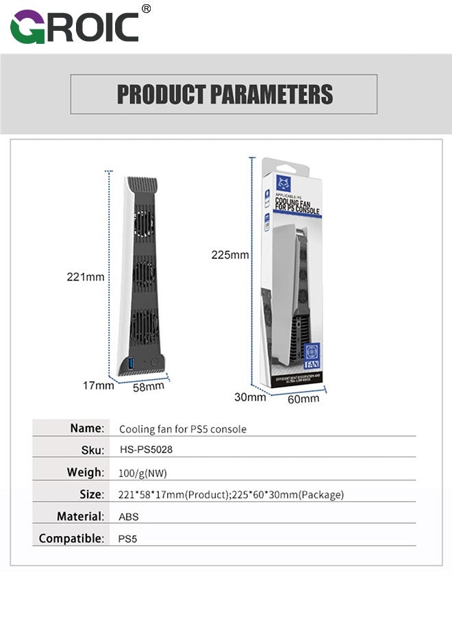 White PS5 Cooler for PS5 Cooling Fan, Upgraded Quiet Cooler Fan 3 Cooler External Port USB 3.0 Accessory Compatible with Playstation 5 Digital Edition/Ultra HD Console