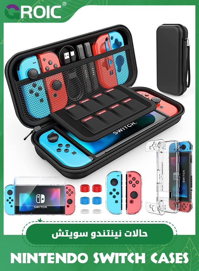 Black Case Compatible with Nintendo Switch OLED, Switch OLED Case Transparent Dockable, Nintendo Switch OLED Accessory Bundle with Case, Protective Film, Case for Joy-Con, Joystick Cap