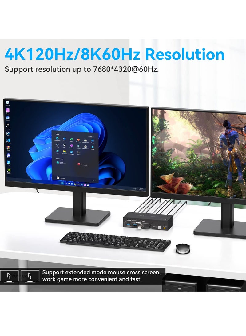 8K@60Hz HDMI & DisplayPort KVM Switch for Dual Monitors - 2 Computers, USB 3.0 Support, Share 4 USB Devices, Includes 2 USB Cables & DC Adapter, Perfect for Multi-Monitor Setup.