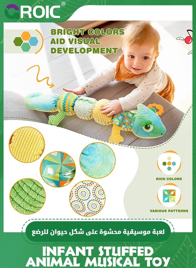 Baby Toys, Infant Stuffed Animal Musical Toy with Teether, Rattle, Textures and Crinkle - Montessori Sensory Activity Soft Height Gauge Toy for Tummy Time Newborn Babies Gifts, Chameleon