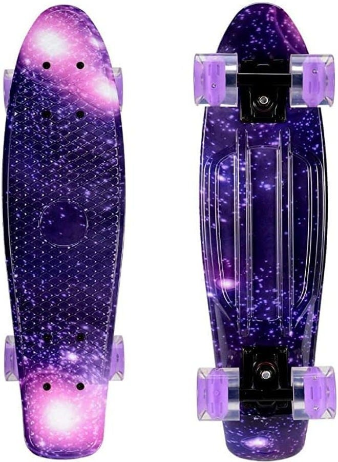 Skateboard 22 Inch Mini Cruiser Skateboard Complete Skateboard with LED PU Wheel Plastic Retro Board Classic Skateboard Light Up Starry Sky Skateboard for Kids Beginner Girls Boys Adult Teens