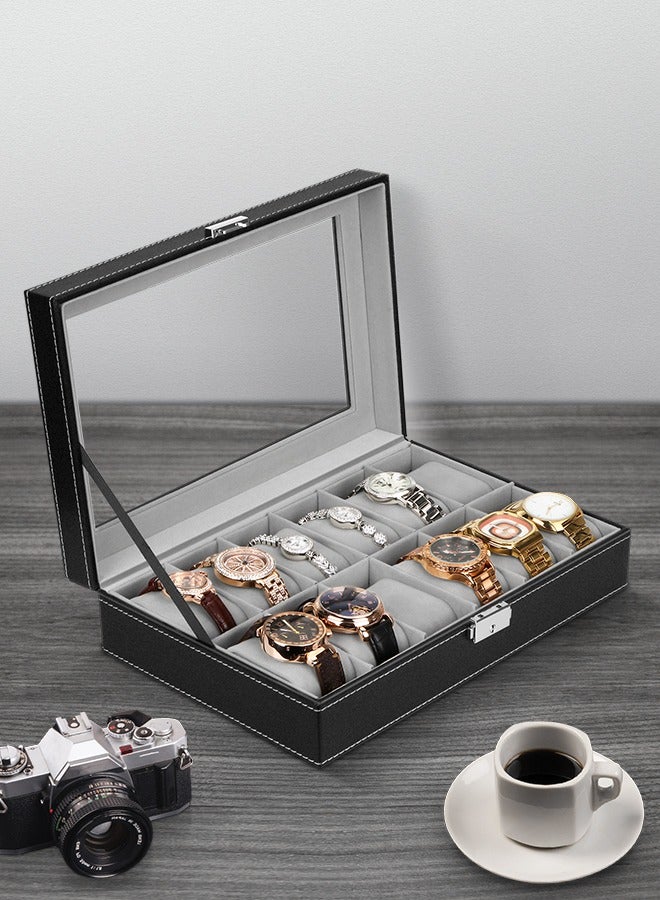 Watch Box, Watch Box Organizer for Men Watch Case Watch Holder - 12 Slot Watch Display PU Leather Real Glass Lid Watch Storage Jewelry Organization for Men and Women Perfect Birthday Gifts