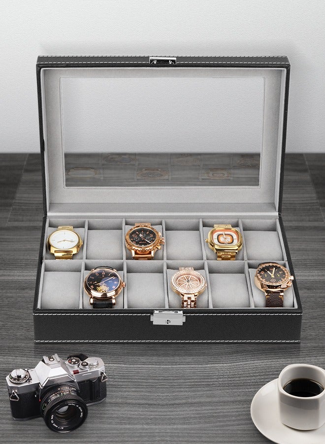 Watch Box, Watch Box Organizer for Men Watch Case Watch Holder - 12 Slot Watch Display PU Leather Real Glass Lid Watch Storage Jewelry Organization for Men and Women Perfect Birthday Gifts