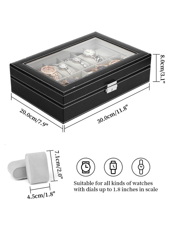 Watch Box, Watch Box Organizer for Men Watch Case Watch Holder - 12 Slot Watch Display PU Leather Real Glass Lid Watch Storage Jewelry Organization for Men and Women Perfect Birthday Gifts