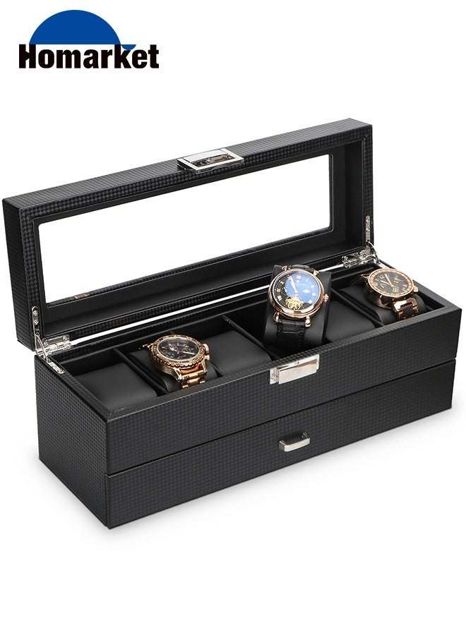 Watch Box with Valet Drawer for Men - 6 Slot Luxury Case Display Organizer, Carbon Fiber Design -Metal Buckle for Mens Jewelry Watches, Men's Storage Holder Boxes has a Large Glass Top