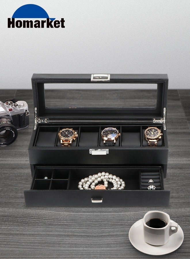 Watch Box with Valet Drawer for Men - 6 Slot Luxury Case Display Organizer, Carbon Fiber Design -Metal Buckle for Mens Jewelry Watches, Men's Storage Holder Boxes has a Large Glass Top