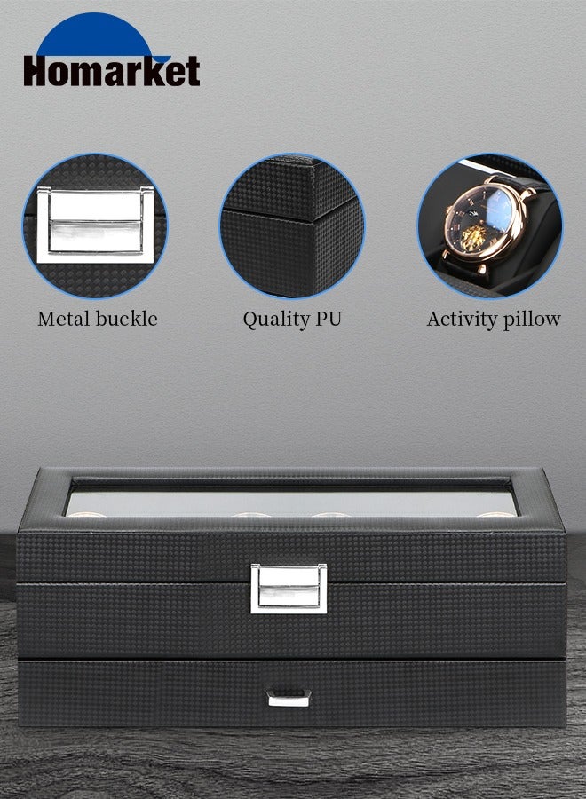 Watch Box with Valet Drawer for Men - 6 Slot Luxury Case Display Organizer, Carbon Fiber Design -Metal Buckle for Mens Jewelry Watches, Men's Storage Holder Boxes has a Large Glass Top