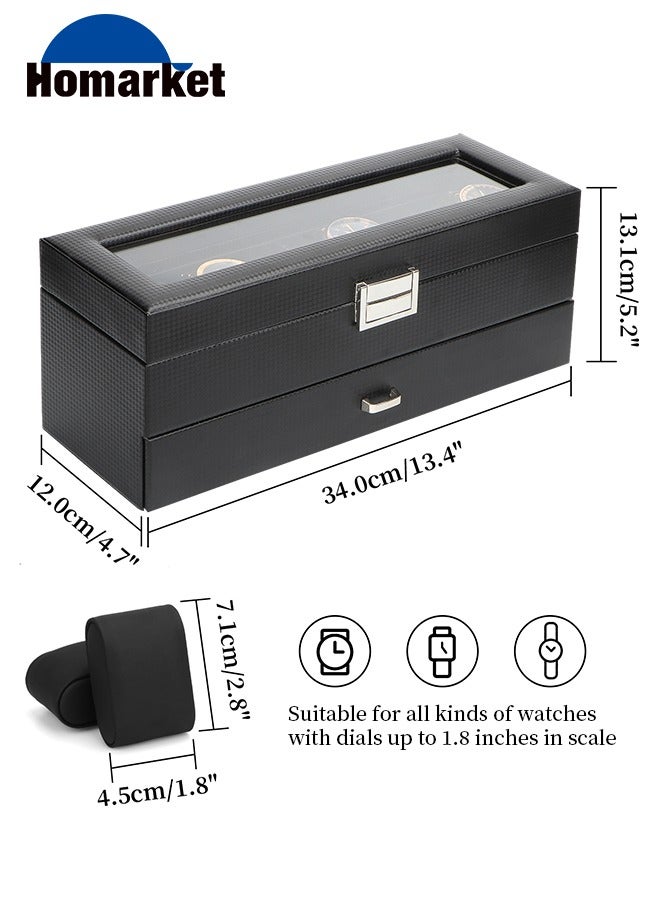 Watch Box with Valet Drawer for Men - 6 Slot Luxury Case Display Organizer, Carbon Fiber Design -Metal Buckle for Mens Jewelry Watches, Men's Storage Holder Boxes has a Large Glass Top