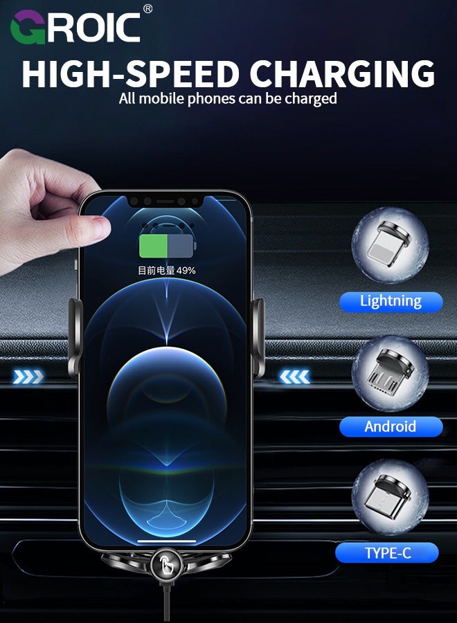 Wireless Car Charger Phone Mount Dual Coil Joyroom LED Qi 15W Cell Phone Fast Charging Vent Holder with Auto Smart Sensor Clamping for iPhone, Samsung