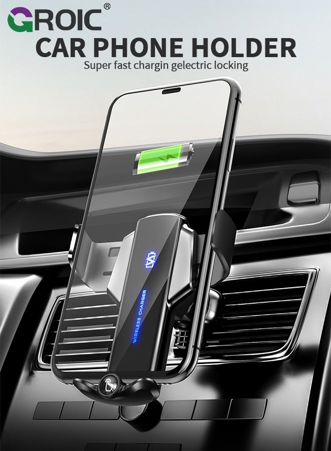 Wireless Car Charger Phone Mount Dual Coil Joyroom LED Qi 15W Cell Phone Fast Charging Vent Holder with Auto Smart Sensor Clamping for iPhone, Samsung