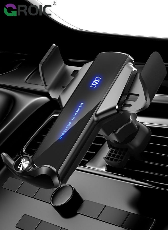Wireless Car Charger Phone Mount Dual Coil Joyroom LED Qi 15W Cell Phone Fast Charging Vent Holder with Auto Smart Sensor Clamping for iPhone, Samsung