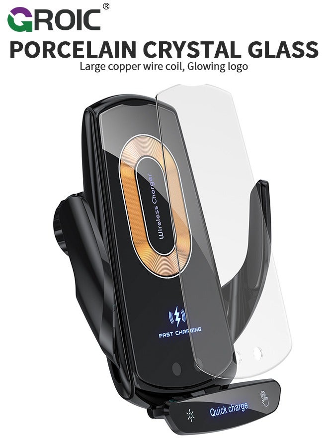 Wireless Car Charger Phone Holder, 15W Fast Charging Car Charger, Auto Clamping Car Vent Car Phone Holder, Touch Control, Compatible with iOS and Android