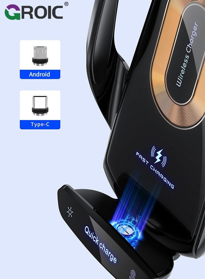 Wireless Car Charger Phone Holder, 15W Fast Charging Car Charger, Auto Clamping Car Vent Car Phone Holder, Touch Control, Compatible with iOS and Android