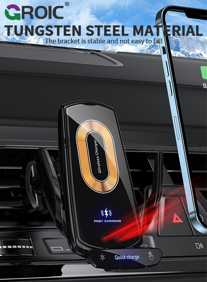 Wireless Car Charger Phone Holder, 15W Fast Charging Car Charger, Auto Clamping Car Vent Car Phone Holder, Touch Control, Compatible with iOS and Android