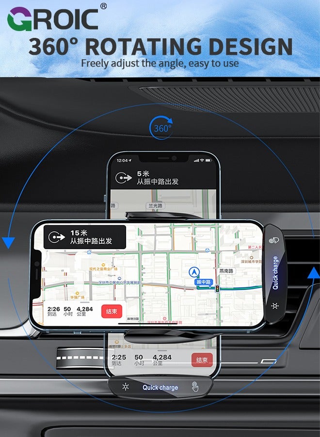 Wireless Car Charger Phone Holder, 15W Fast Charging Car Charger, Auto Clamping Car Vent Car Phone Holder, Touch Control, Compatible with iOS and Android