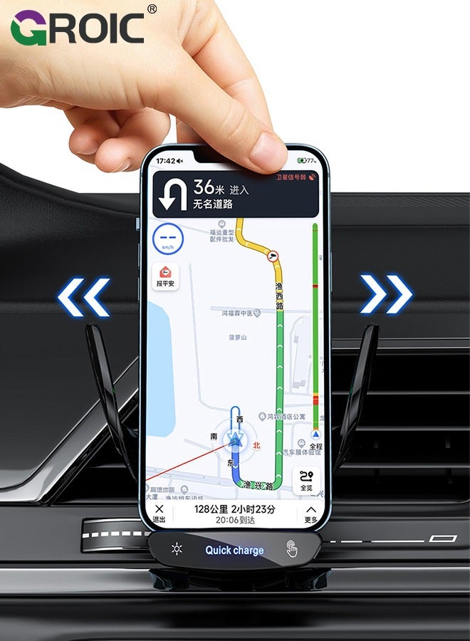 Wireless Car Charger Phone Holder, 15W Fast Charging Car Charger, Auto Clamping Car Vent Car Phone Holder, Touch Control, Compatible with iOS and Android