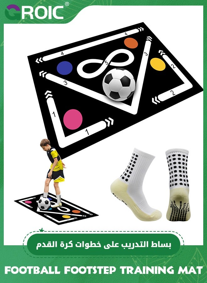 Football Footstep Training Set - Football Footstep Training Mat and Anti-Slip Grip Socks, Soccer Training Mat Soccer Workout Equipment Indoor Soccer Skills Drills Pad Soccer Train Mat (90*60cm)