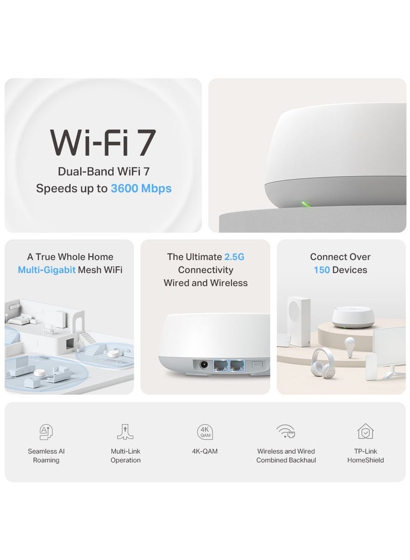 Deco BE25 BE3600 Whole Home Mesh WiFi 7 System, 688 Mbps at 2.4 GHz + 2882 Mbps at 5 GHz, 2 × 2.5 Gigabit Ports, Deco App, HomeShield, AI Mesh, MLO, Alexa and Google Assistant Supported, a Pack Of 3 White