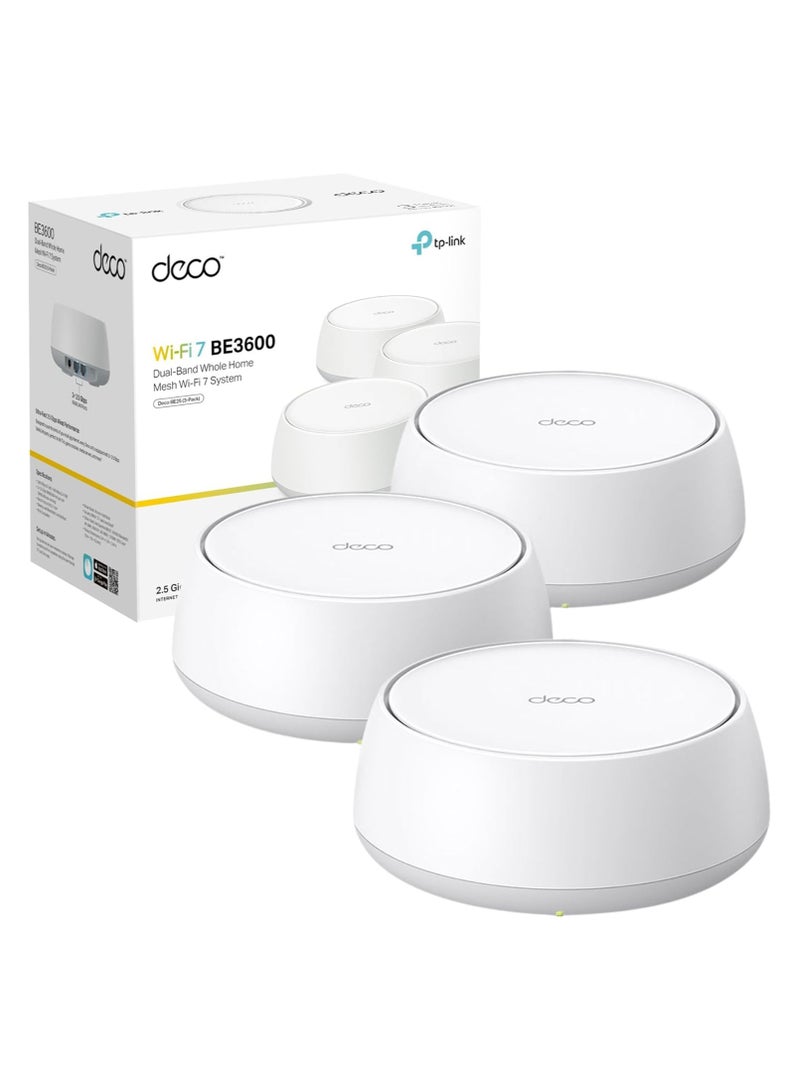 Deco BE25 BE3600 Whole Home Mesh WiFi 7 System, 688 Mbps at 2.4 GHz + 2882 Mbps at 5 GHz, 2 × 2.5 Gigabit Ports, Deco App, HomeShield, AI Mesh, MLO, Alexa and Google Assistant Supported, a Pack Of 3 White