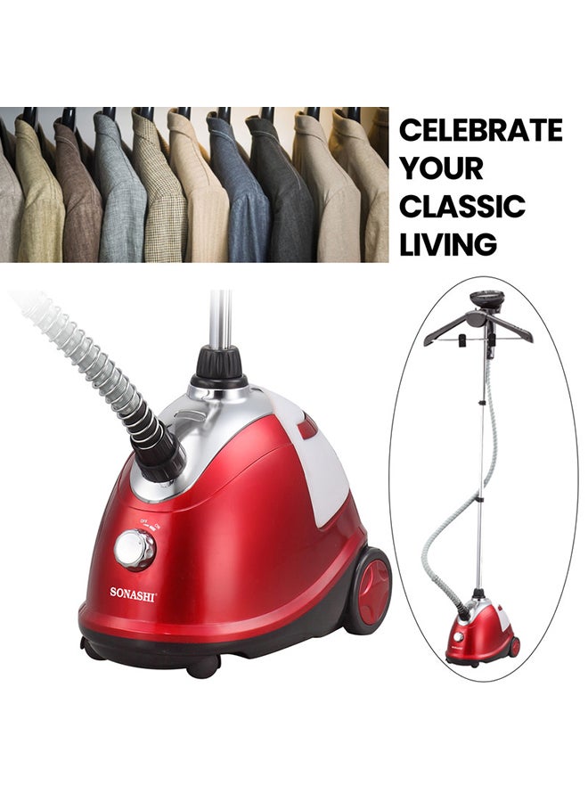 1.8L Tank Garment Steamer | Heavy Duty Garment Steamer with Supporting Pole | Anti-Slip Foot Wheel with Leak Proof Valve 1.8 L 1800 W SGS-311 Red/Black/Silver