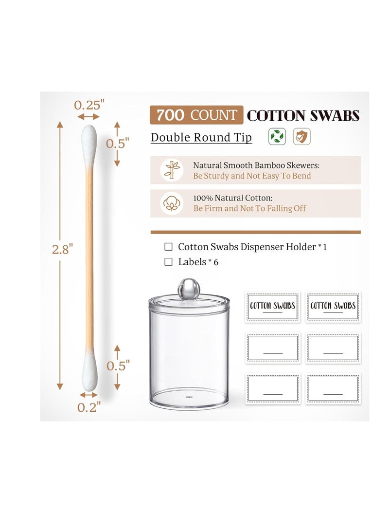 Bamboo Cotton Swabs -700 COUNT - with 1 Clear Storage Holder for Qtips - Biodegradable Eco-Friendly Natural Cotton Buds for Ears, Hygiene, Beauty Care - Round Tips & Thick Cotton & Sturdy Bamboo Stick